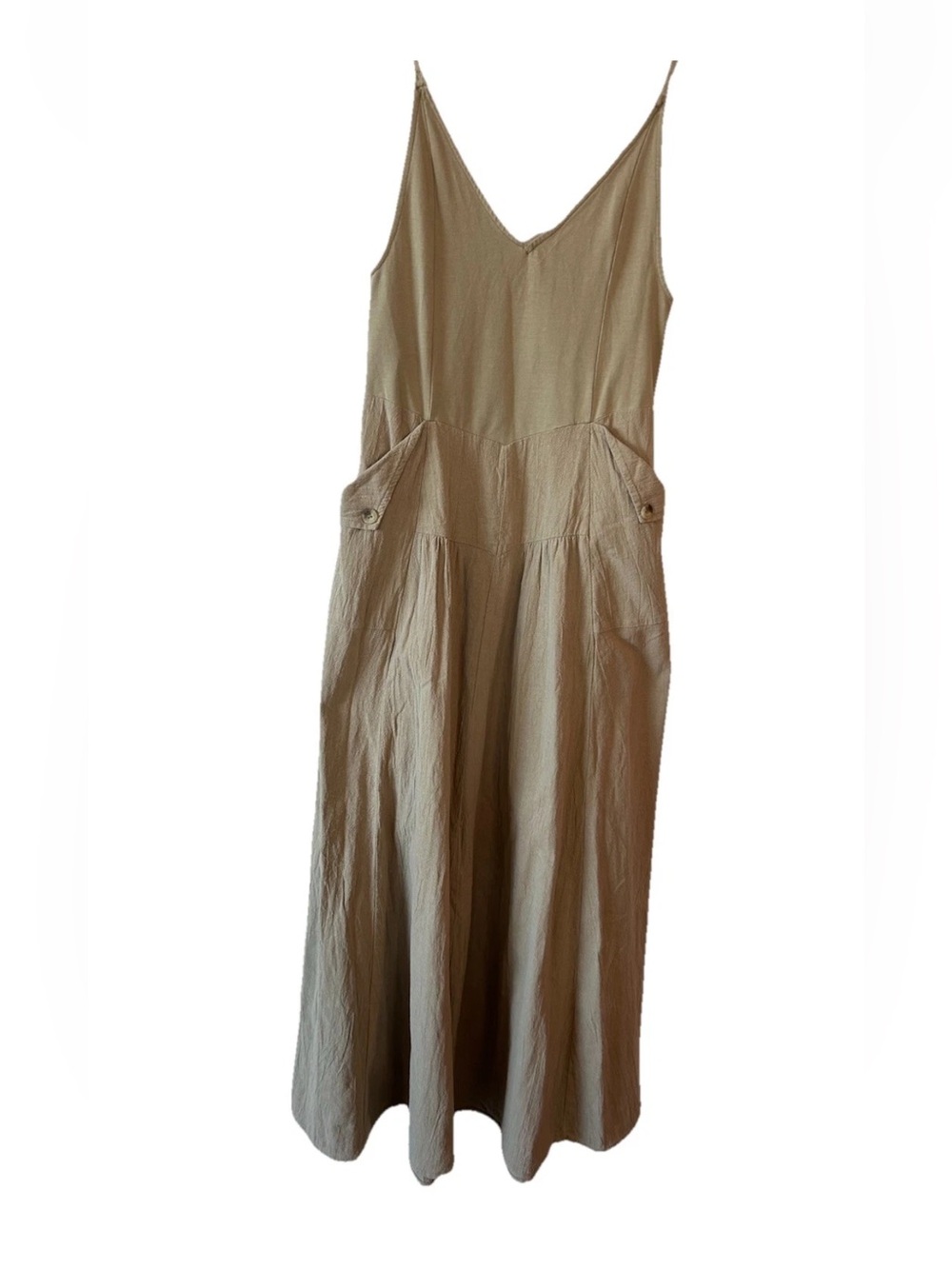FREE PEOPLE Soledad Midi Dress Khaki Beige Boho Pockets Sz M - Picture 7 of 16